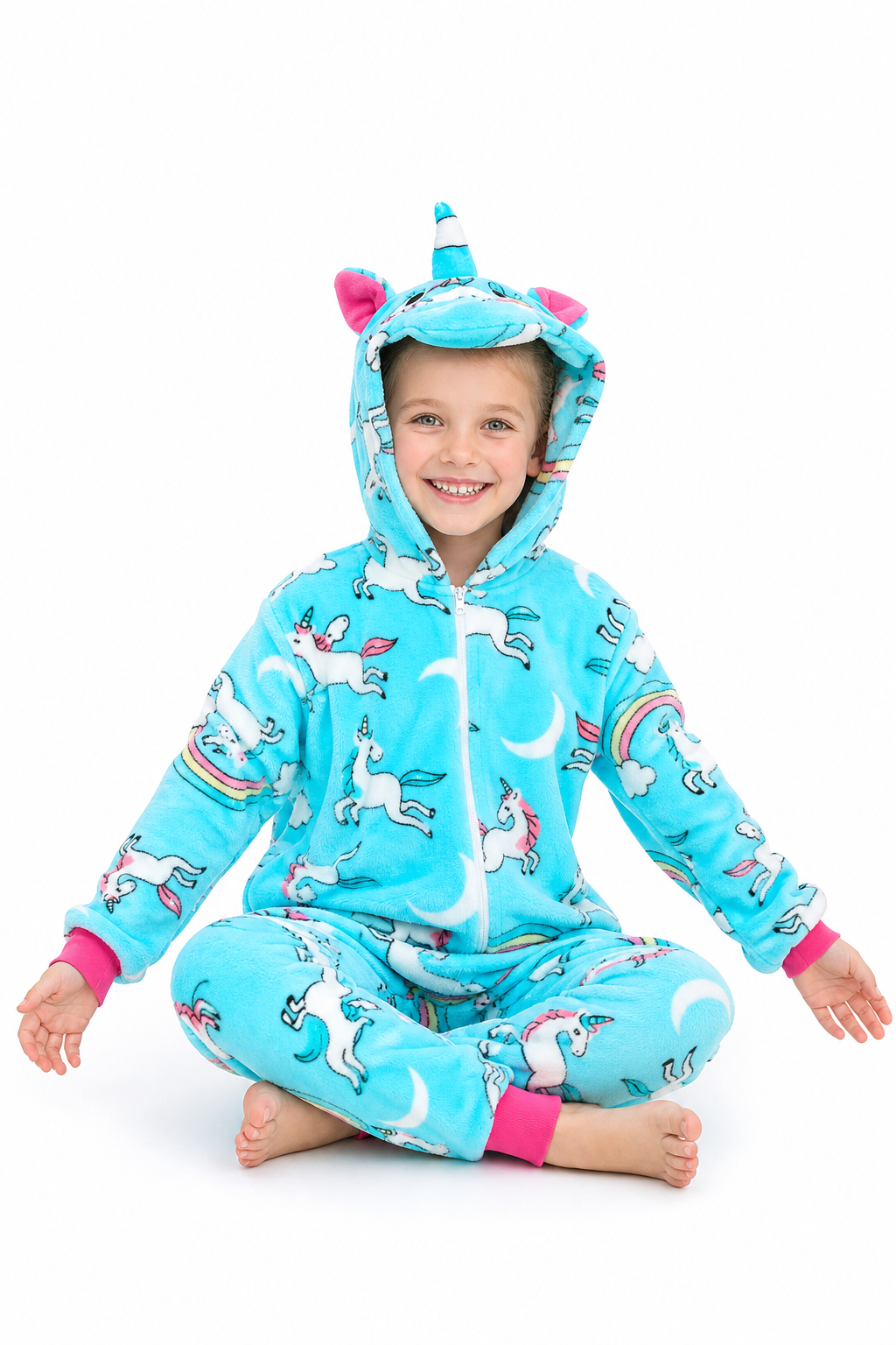 Kids' Hooded Teal Rainbow-Print Unicorn Kigurumi Onesie