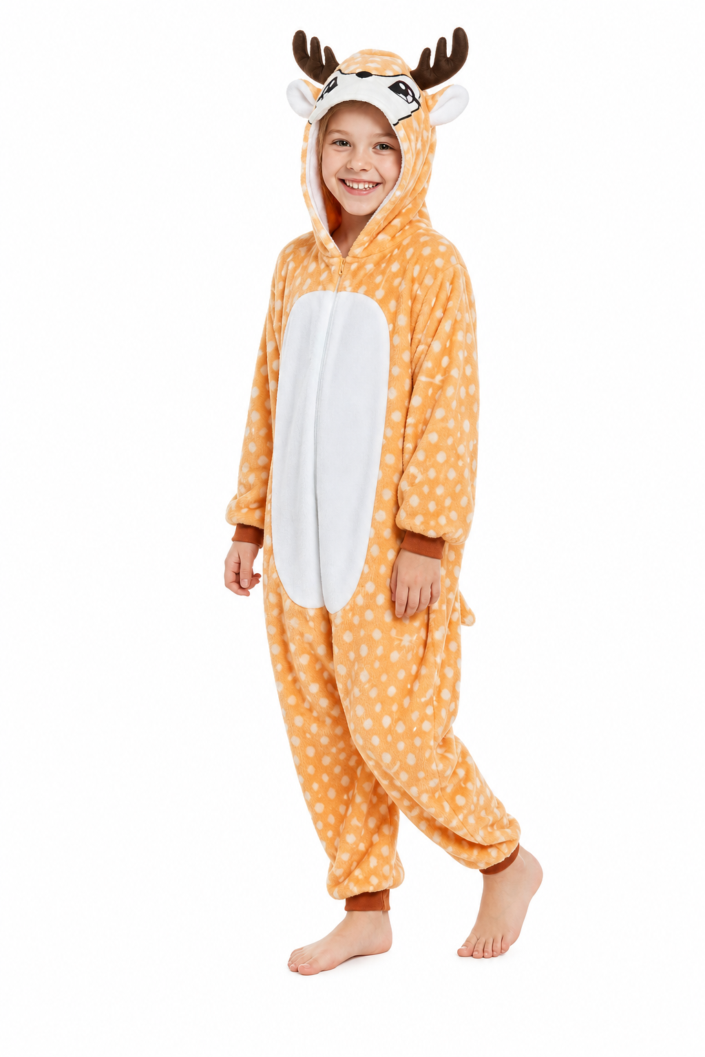 Kids' Hooded Orange Antlered Deer Kigurumi Pajama Onesie