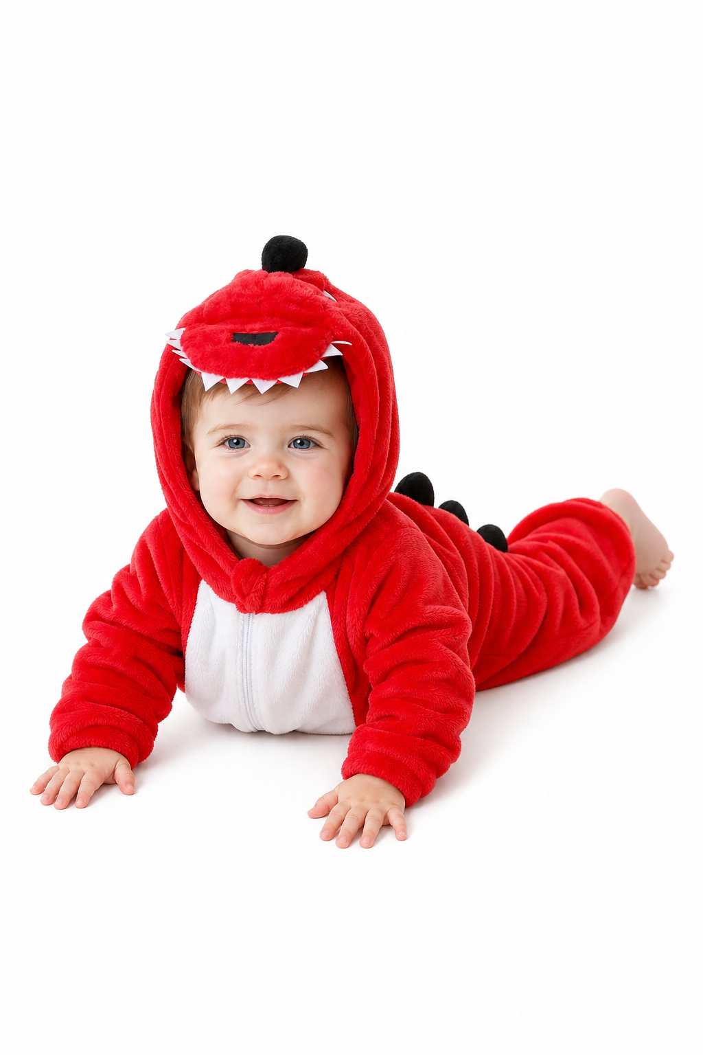 Soft Red Plush Dinosaur Baby Hooded Onesie