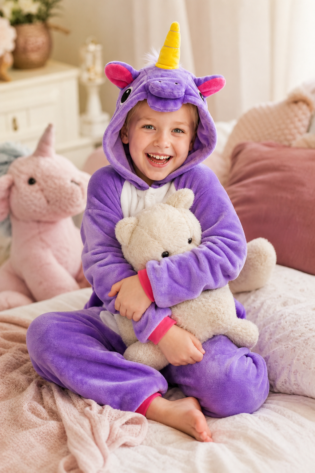 Kids' Hooded Solid Purple Unicorn Kigurumi Costume Onesie