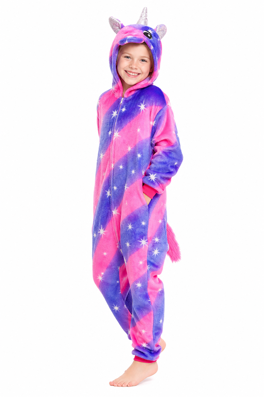 Kids' Hooded Magenta and Purple Starburst Unicorn Kigurumi Pajama Onesie