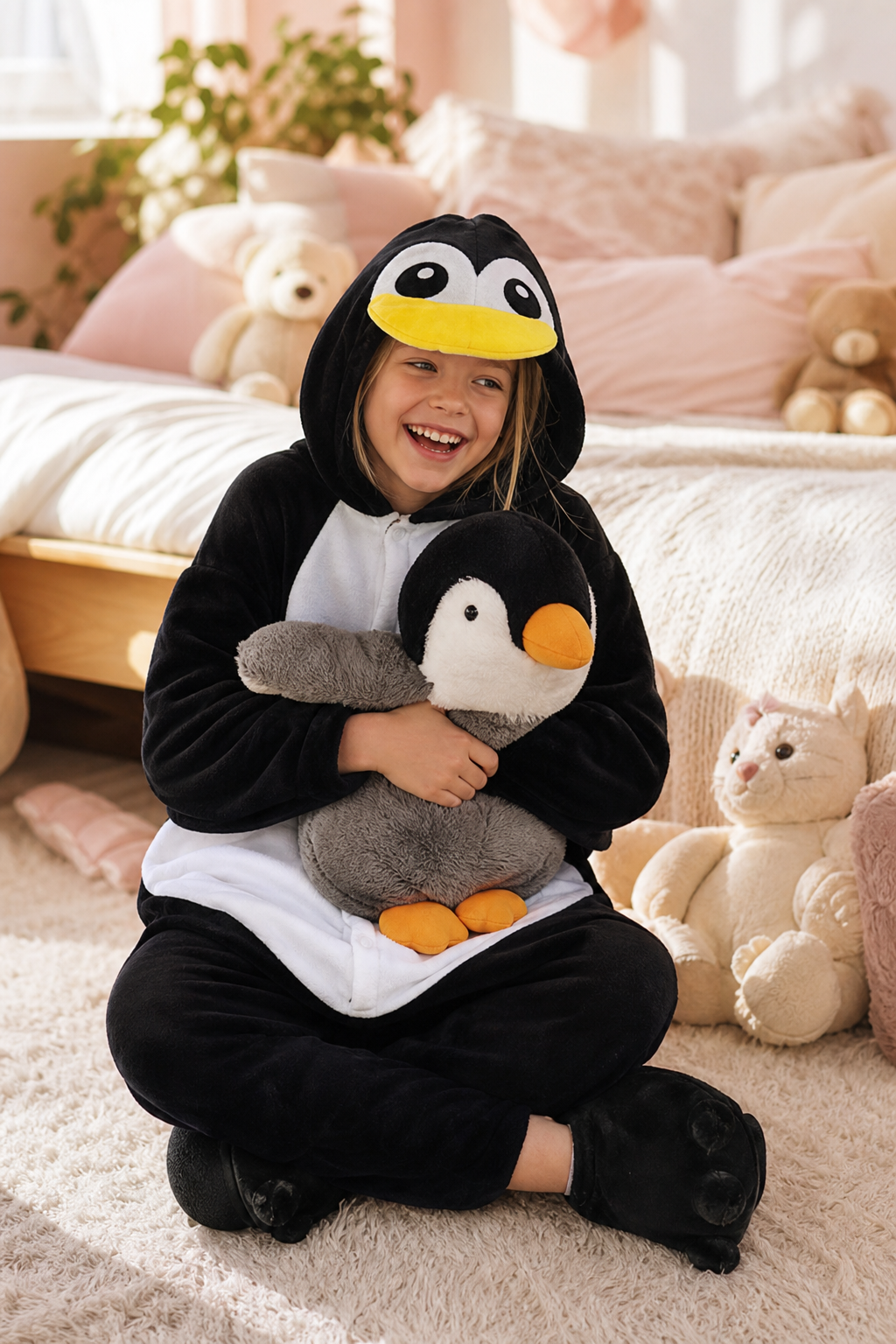 Kids' Hooded Black and White Penguin Plush Kigurumi Onesie
