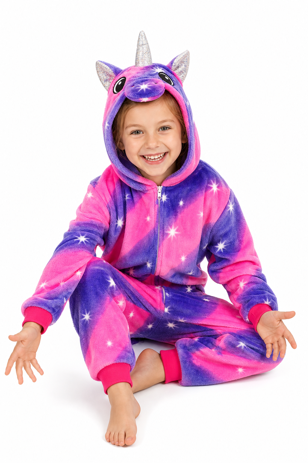 Kids' Hooded Pink and Violet Sparkle Star Unicorn Kigurumi Costume Onesie