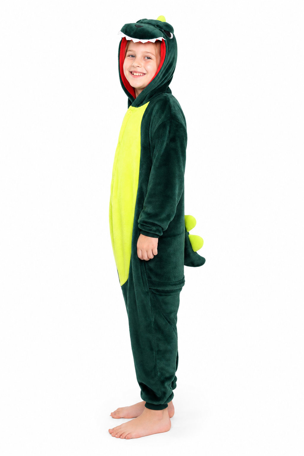 Kids' Hooded Dark Green & Yellow Dinosaur Kigurumi Pajama Onesie