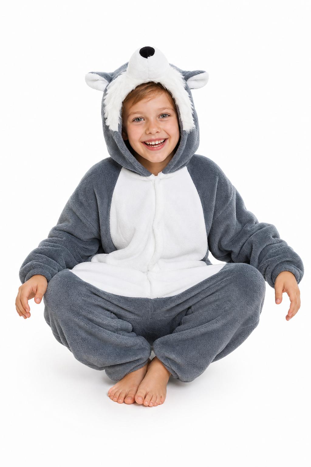 Kids' Plush Grey Wolf Kigurumi
