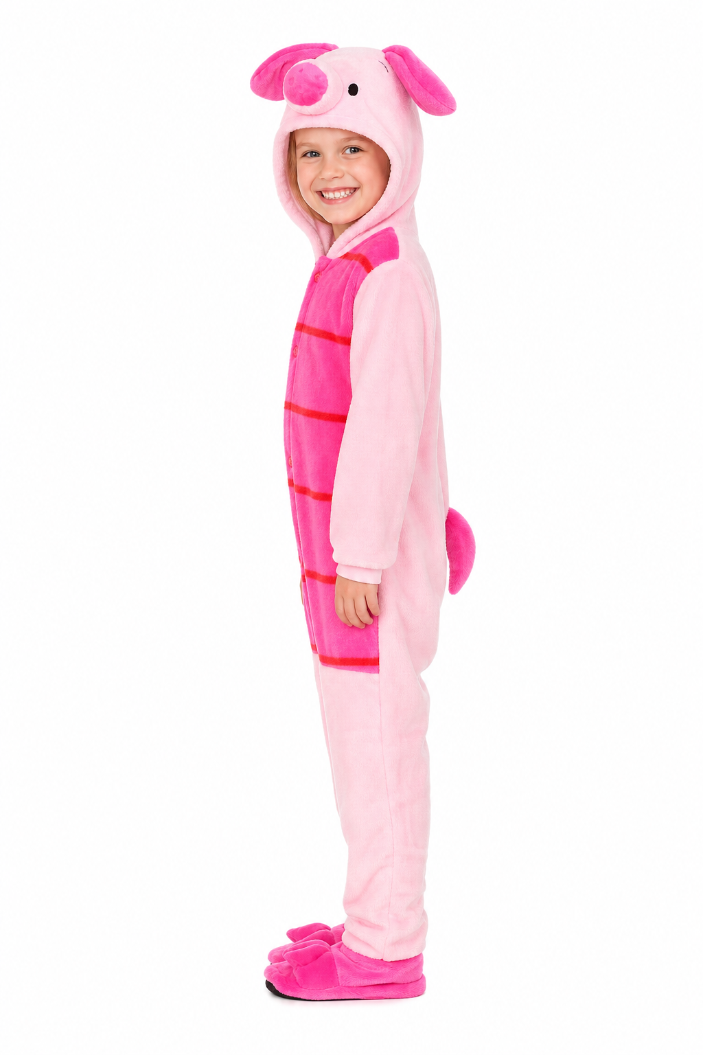 Kids' Hooded Pink Striped Pig Plush Kigurumi Onesie