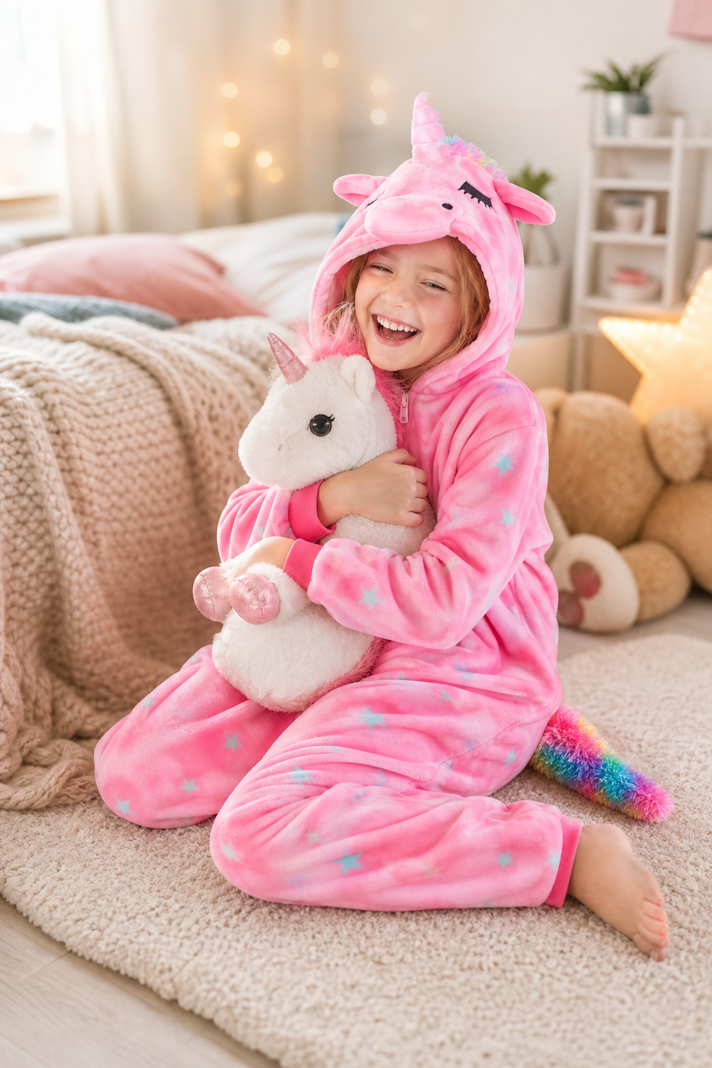 Kids' Hooded Pink Tie-Dye Rainbow-Tail Unicorn Plush Kigurumi Onesie