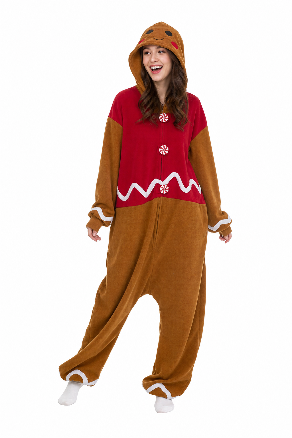 Adult Fleece Gingerbread Man Onesie with Candy Buttons