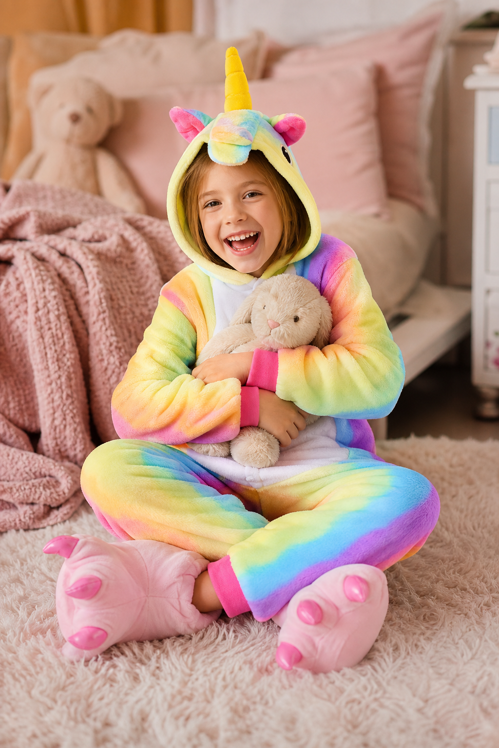 Kids' Hooded Pastel Rainbow Unicorn Kigurumi Pajama Onesie