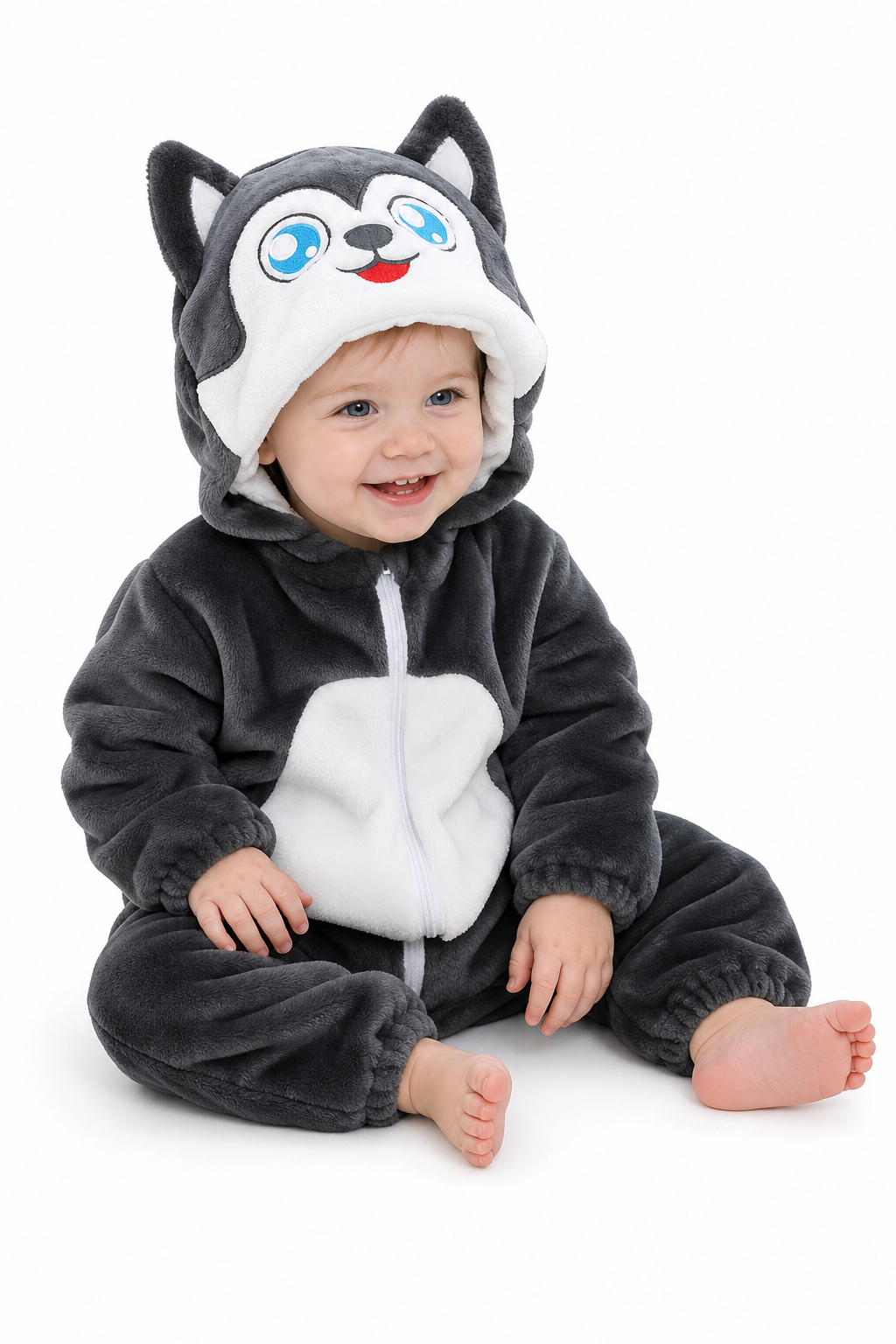 Plush Grey Husky Hooded Baby Kigurumi Onesie