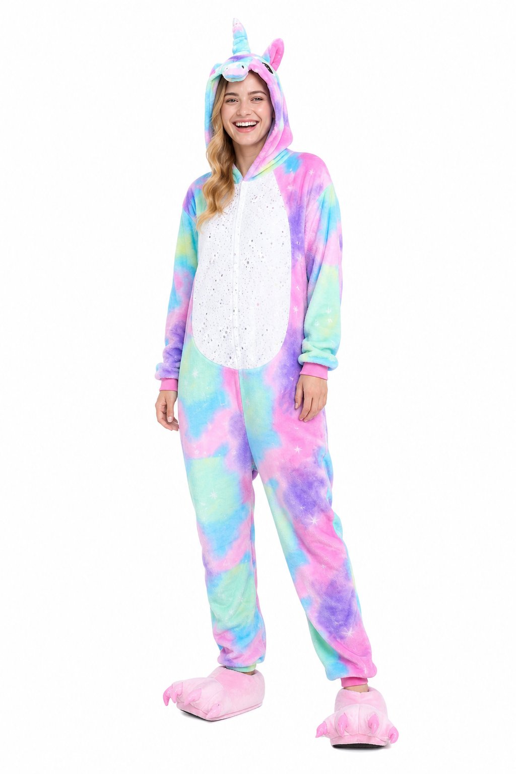 Adult Hooded Pastel Rainbow Unicorn Kigurumi Onesie with Glitter Star Belly
