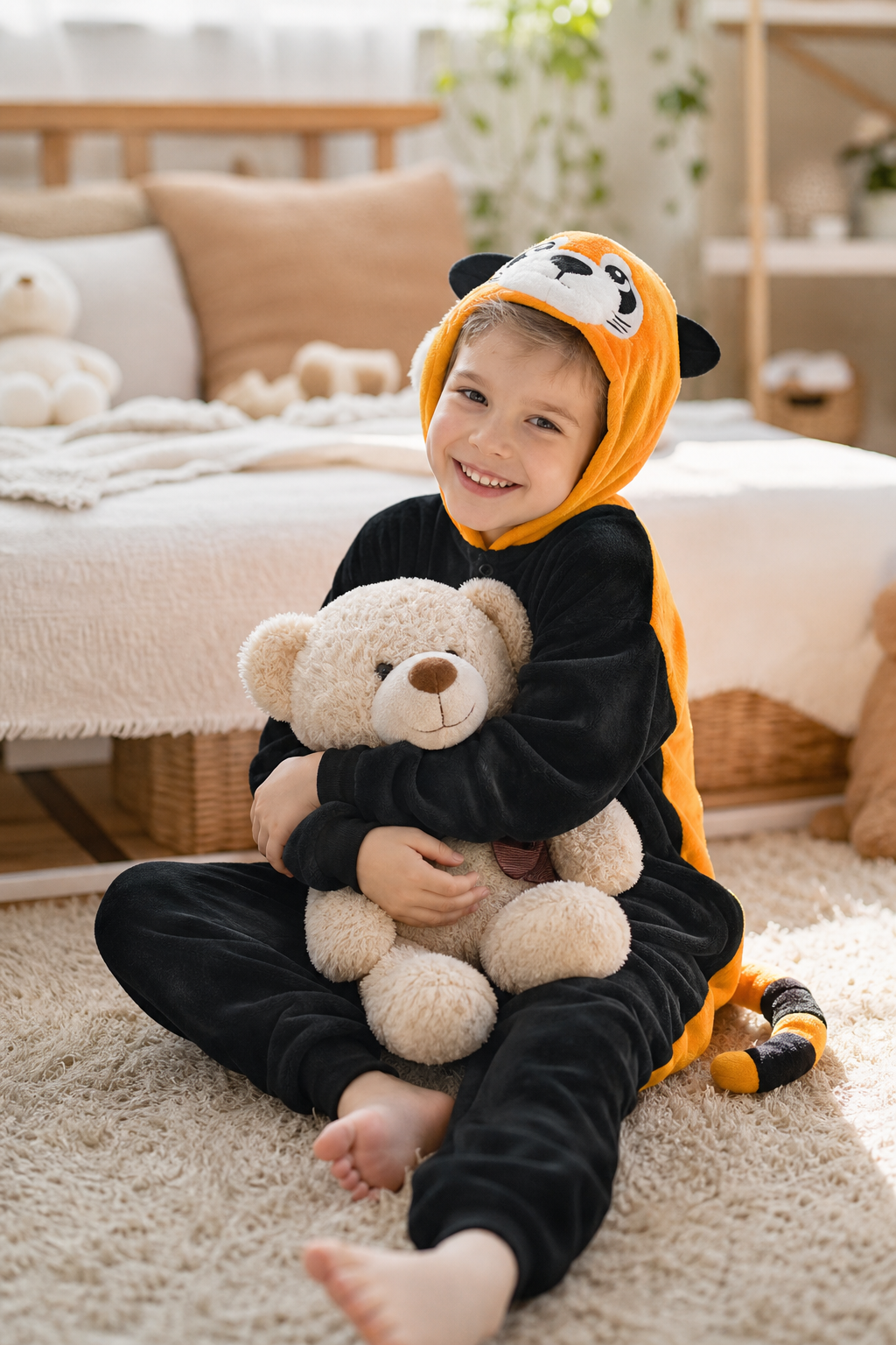 Kids' Hooded Black and Orange Red Panda Kigurumi Onesie
