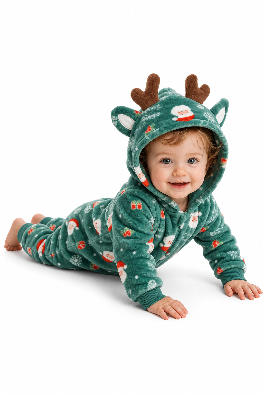 Baby Plush Green Santa Reindeer Hooded Onesie