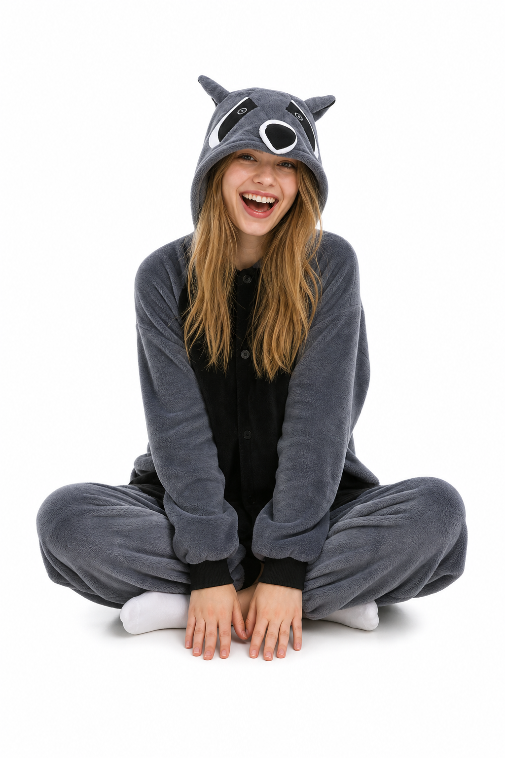 Adult Dark Grey Raccoon Fleece Hooded Onesie
