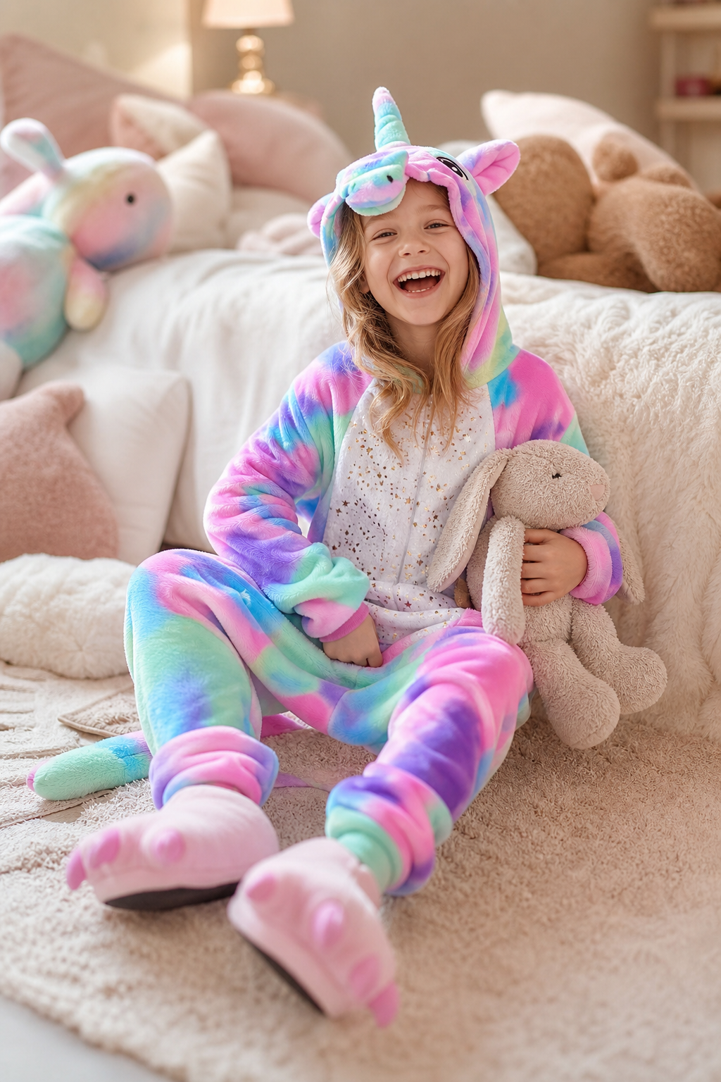 Kids' Hooded Pastel Tie-Dye Glitter Belly Unicorn Plush Kigurumi Onesie