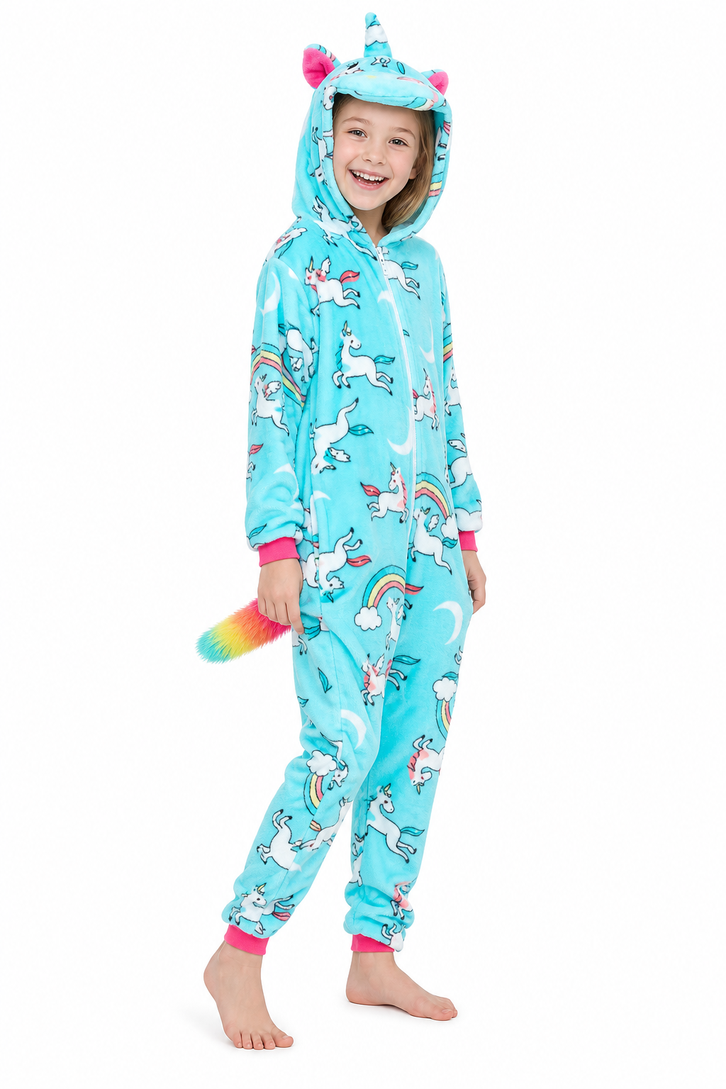 Kids' Hooded Teal Rainbow-Print Unicorn Kigurumi Onesie