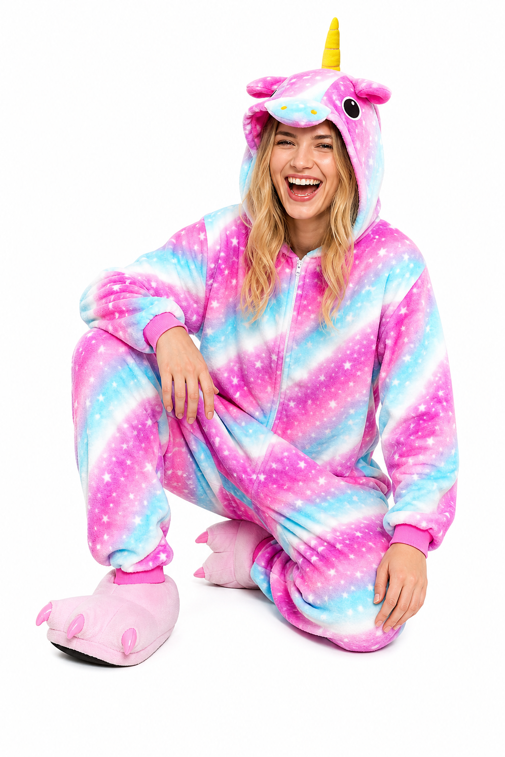 Adult Hooded Pink & Turquoise Starry Stripe Unicorn Kigurumi Onesie