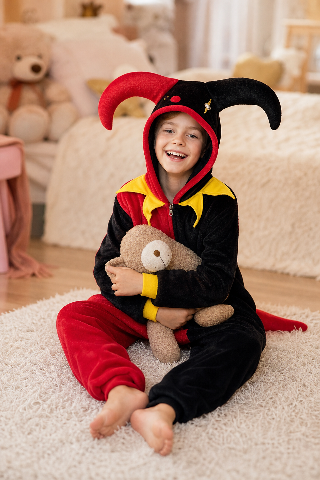 Kids' Hooded Red and Black Jester Plush Kigurumi Onesie