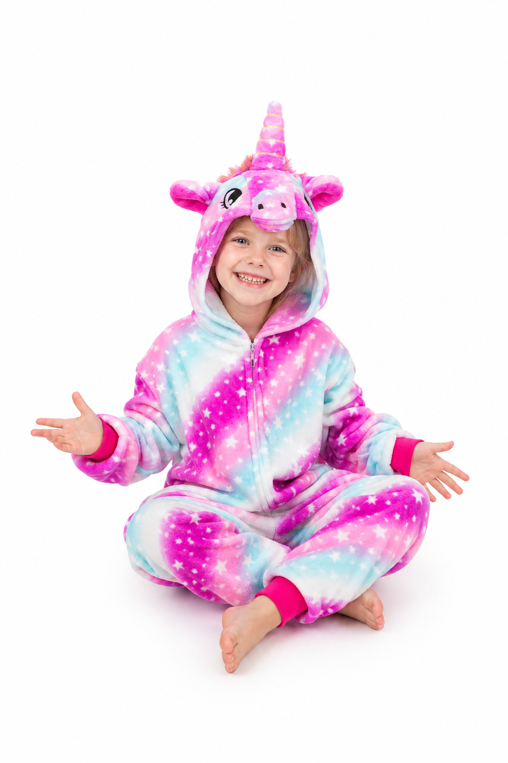 Kids' Hooded Pink Purple and Blue Star Unicorn Kigurumi Onesie