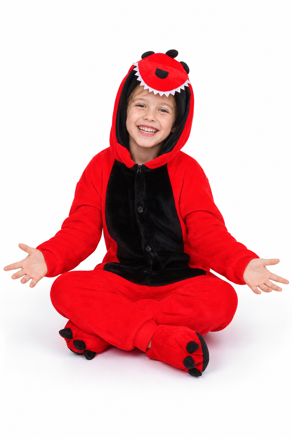 Kids' Hooded Red & Black Dinosaur Kigurumi Onesie