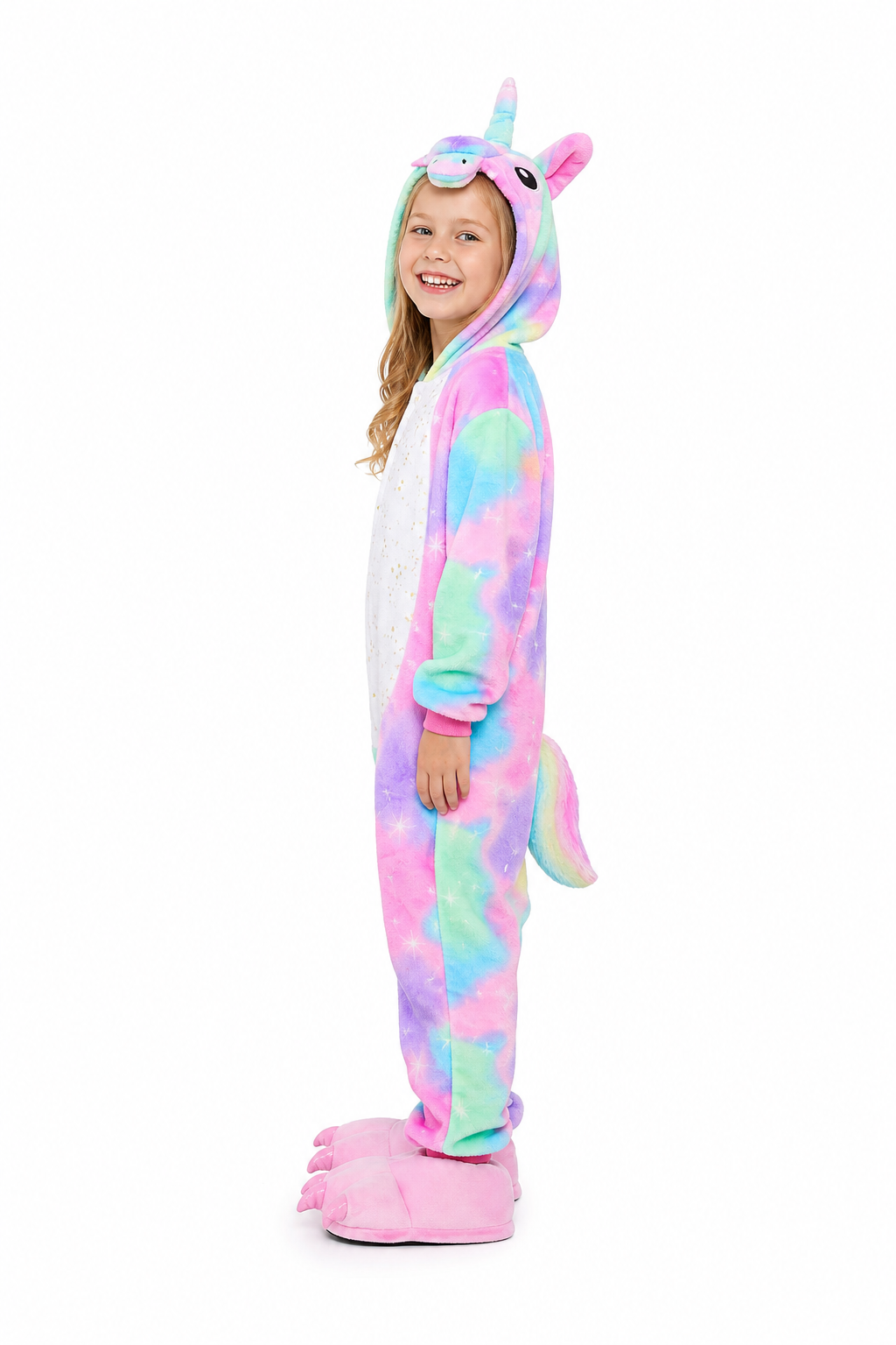 Kids' Hooded Pastel Tie-Dye Glitter Belly Unicorn Plush Kigurumi Onesie