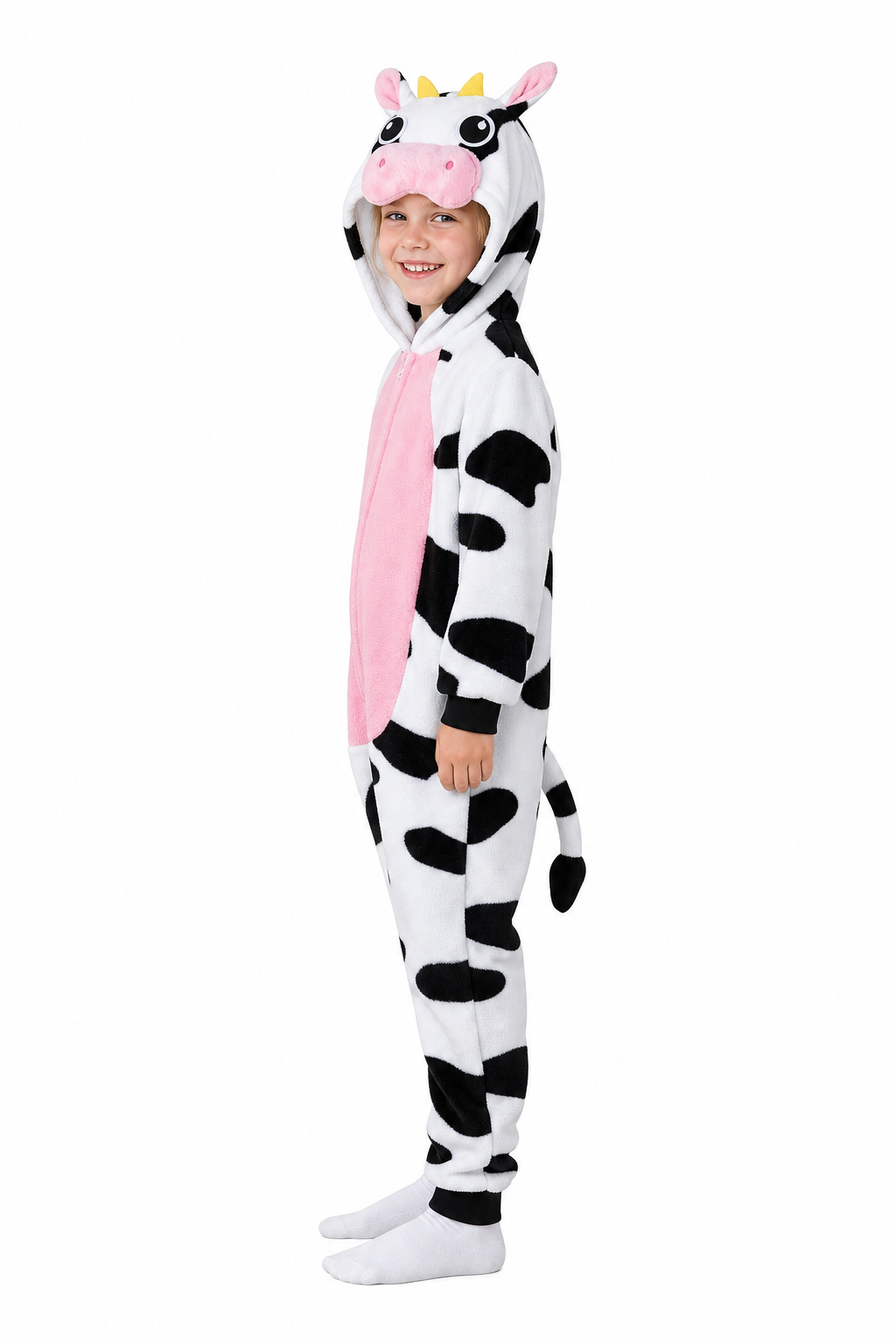 Kids' Hooded Pink Belly Cow Plush Kigurumi Onesie
