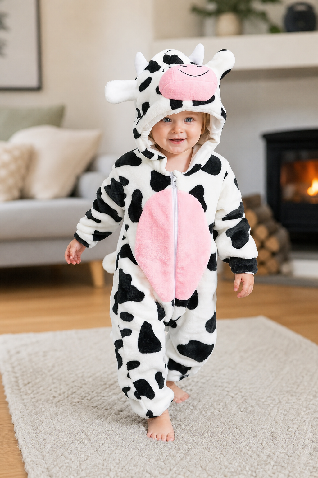 Plush Black and White Cow Baby Onesie