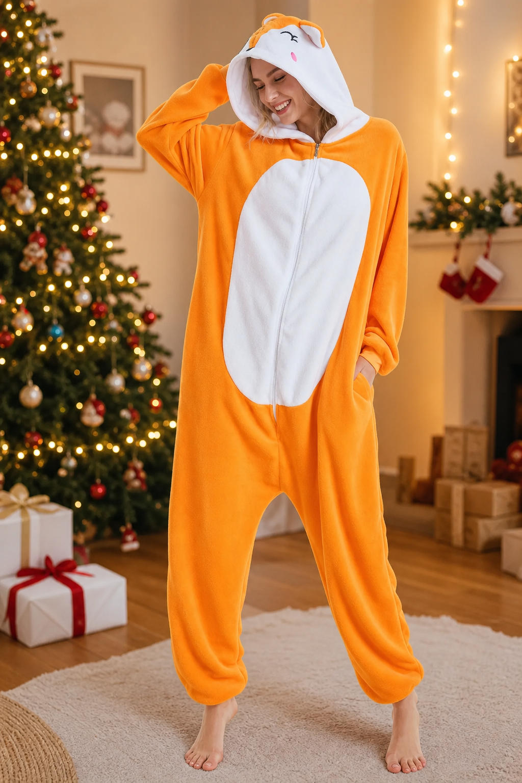 Adult Hooded Blushing Orange Fox Kigurumi Onesie