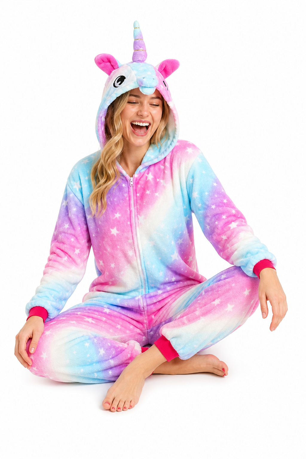 Adult Hooded Pastel Rainbow Star Stripe Unicorn Kigurumi Onesie