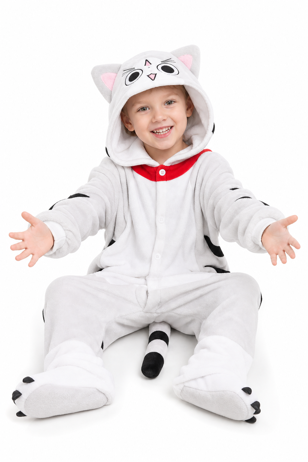 Kids' Hooded White Spotted Cat Kigurumi Costume Onesie
