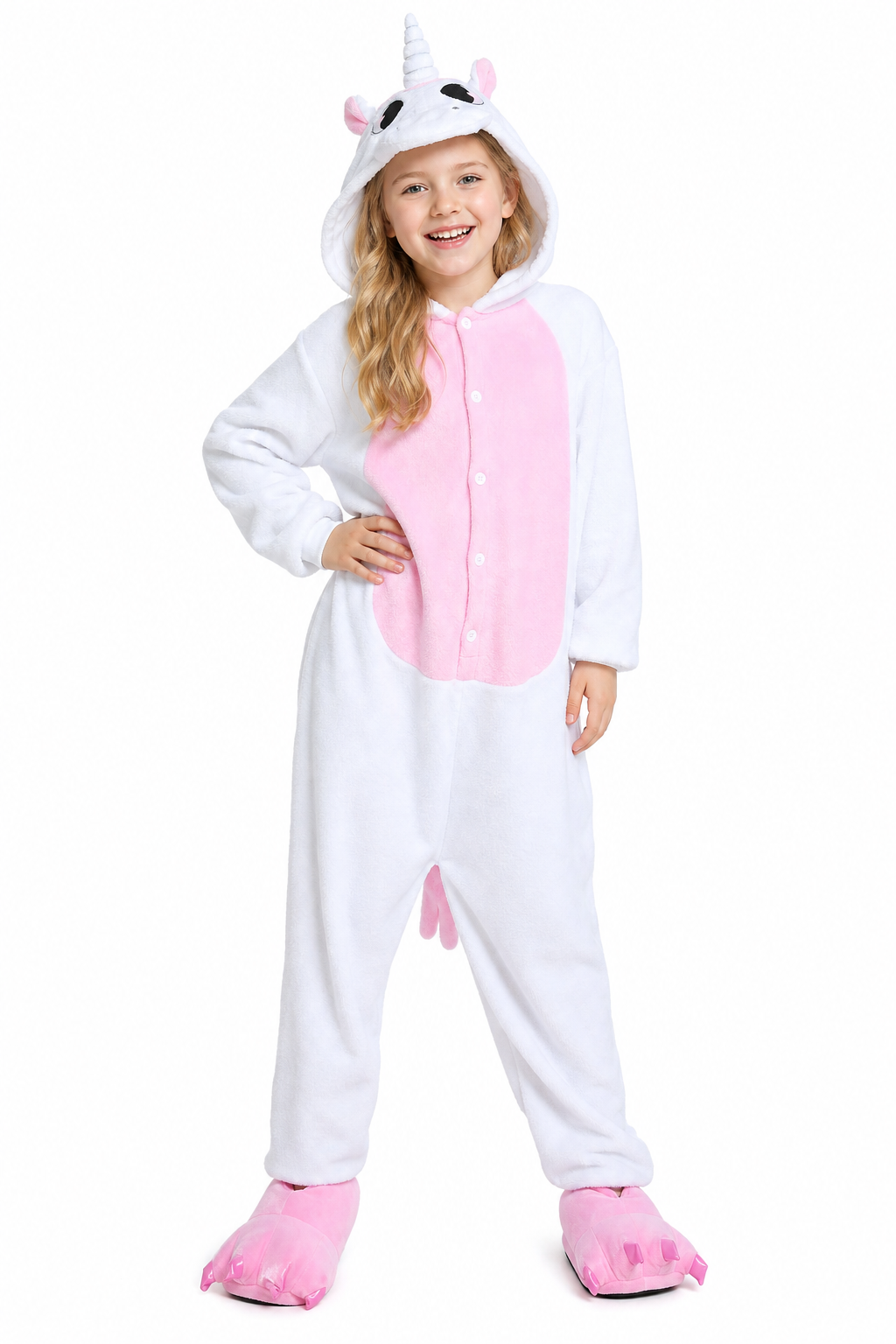 Kids' Hooded White and Pastel Pink Unicorn Kigurumi Onesie