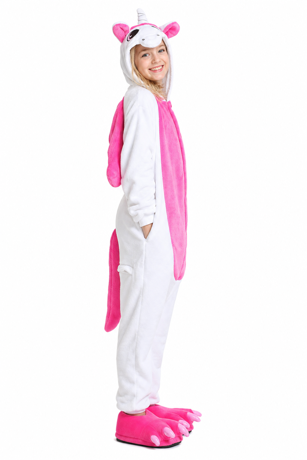 Kids' Hooded White and Hot Pink Unicorn Plush Kigurumi Onesie