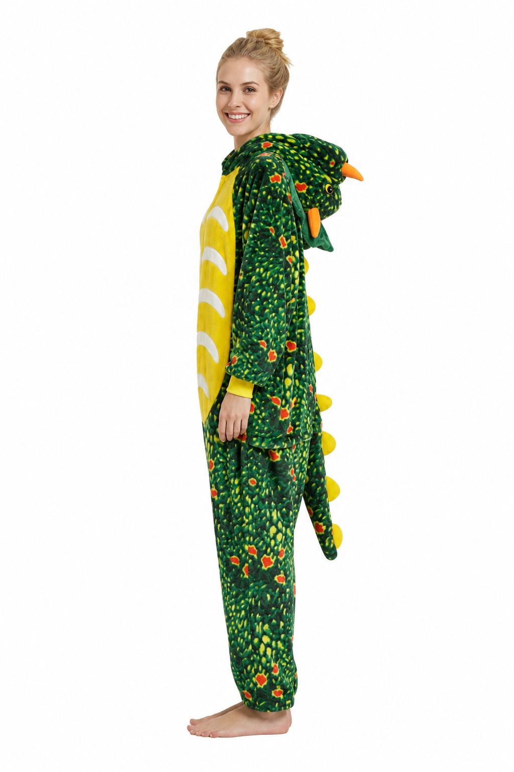 Adult Hooded Orange-Speckled Green Dinosaur Kigurumi Onesie