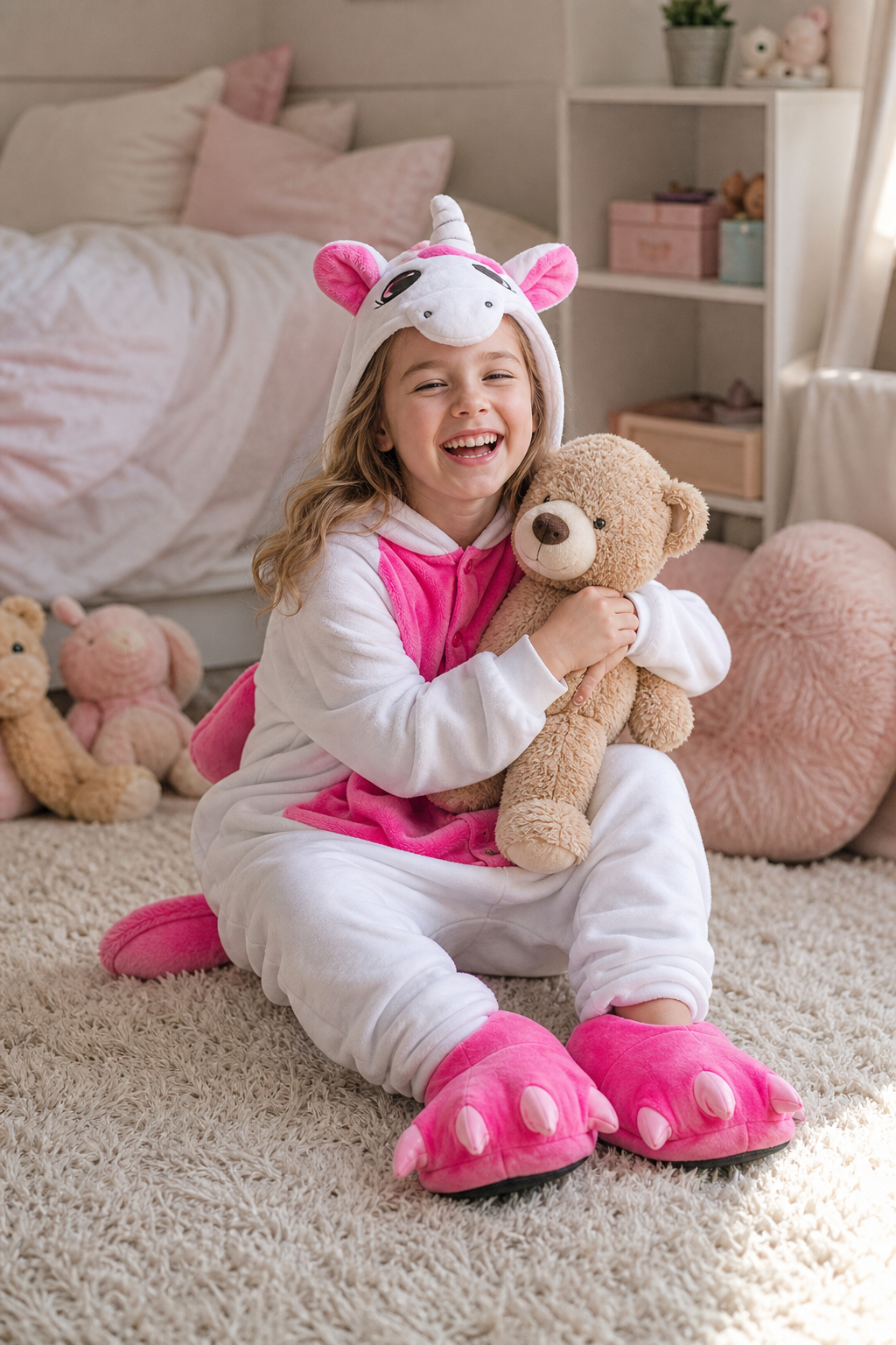 Kids' Hooded White and Hot Pink Unicorn Plush Kigurumi Onesie