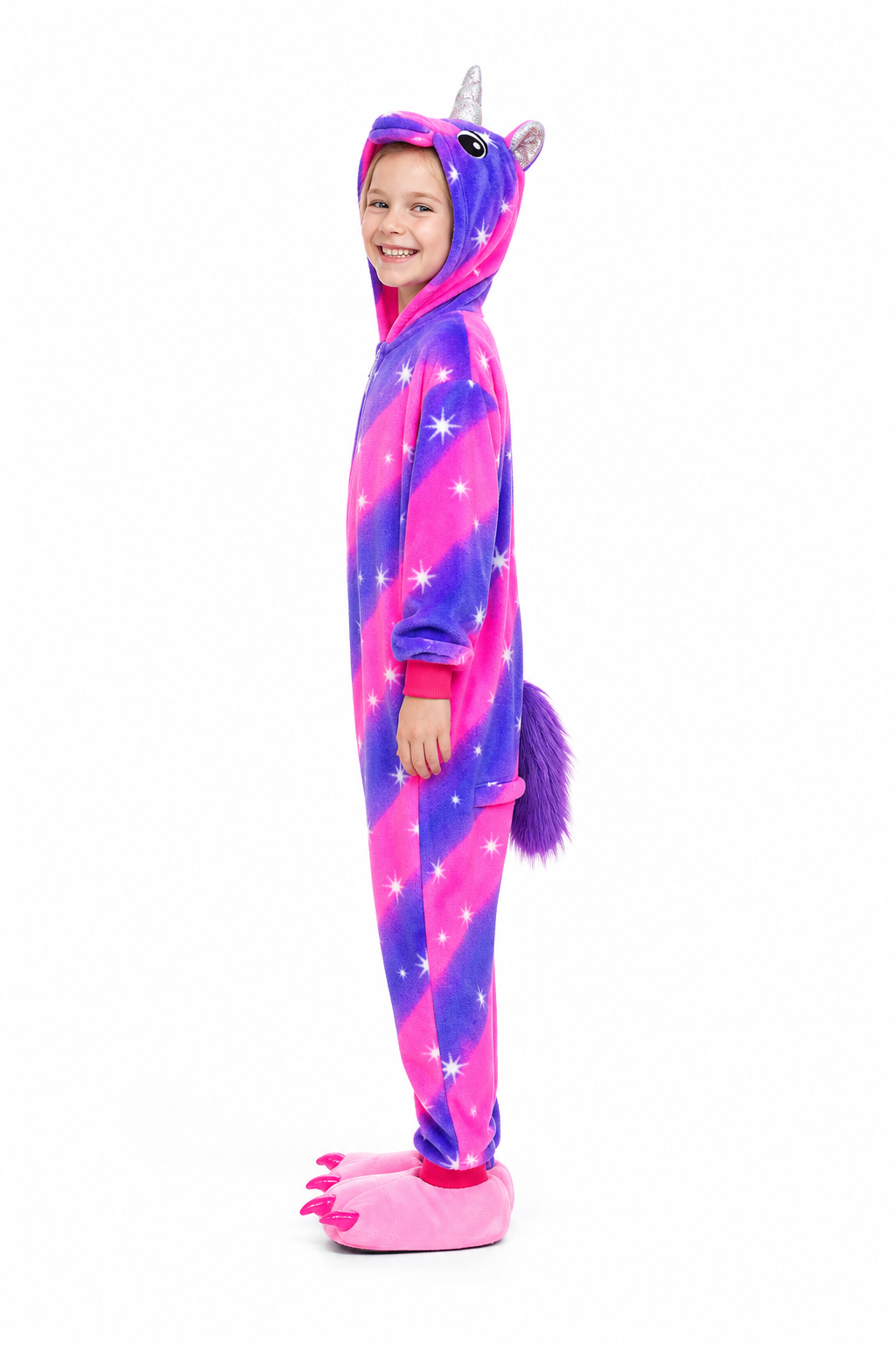Kids' Hooded Pink and Violet Sparkle Star Unicorn Kigurumi Costume Onesie