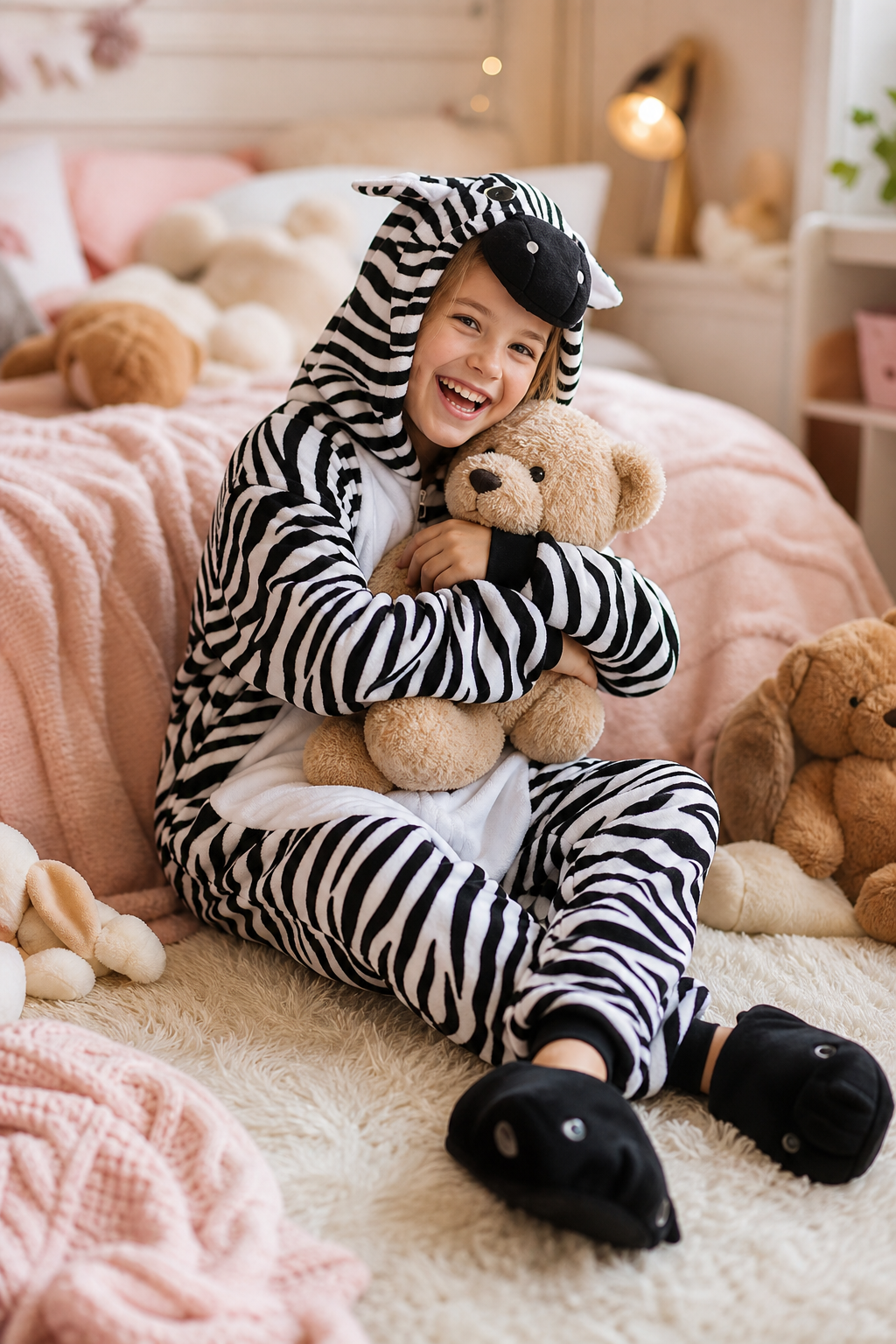 Kids' Plush Black and White Zebra Onesie