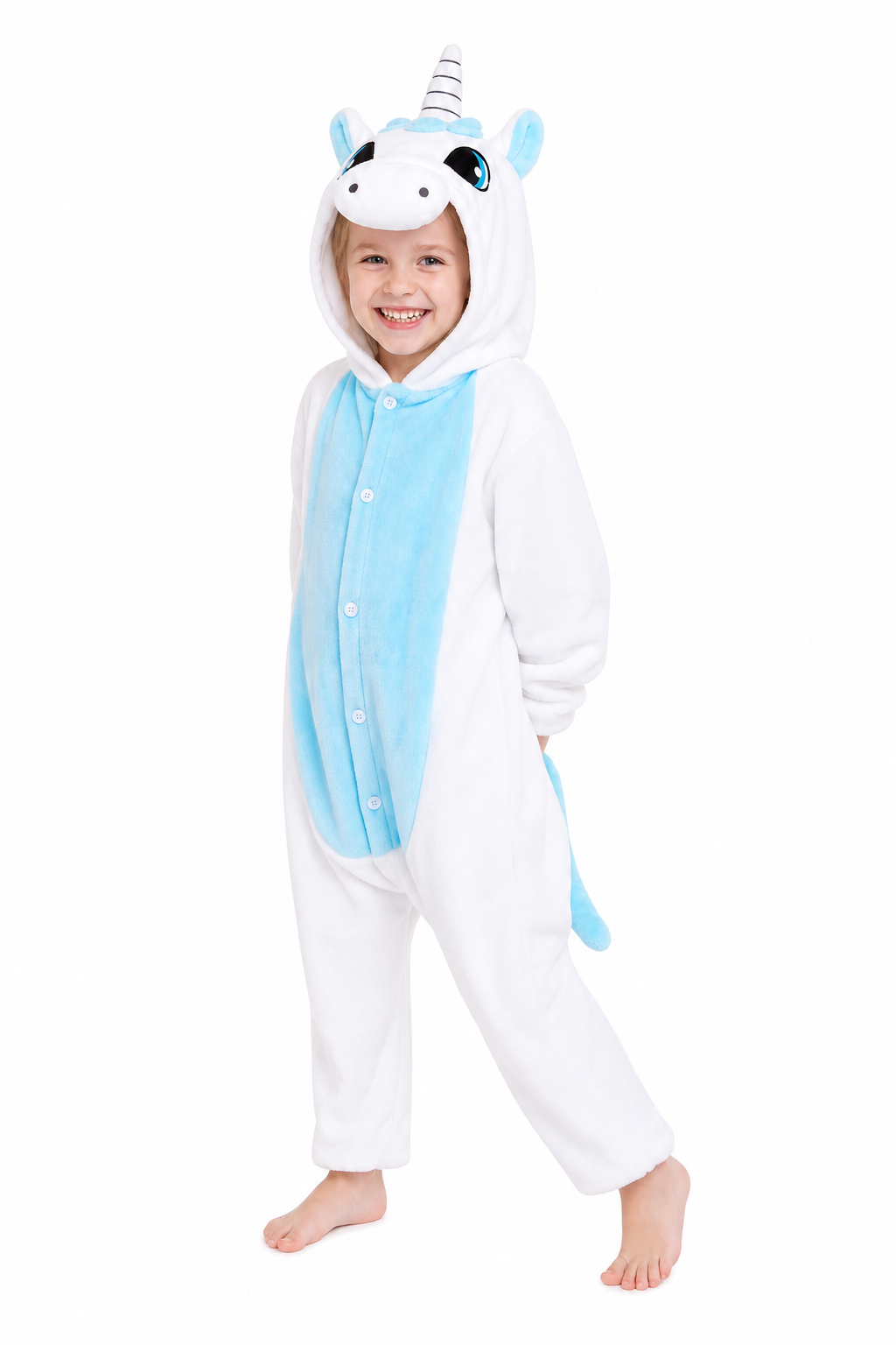 Kids' Hooded White and Sky Blue Unicorn Kigurumi Pajama Onesie
