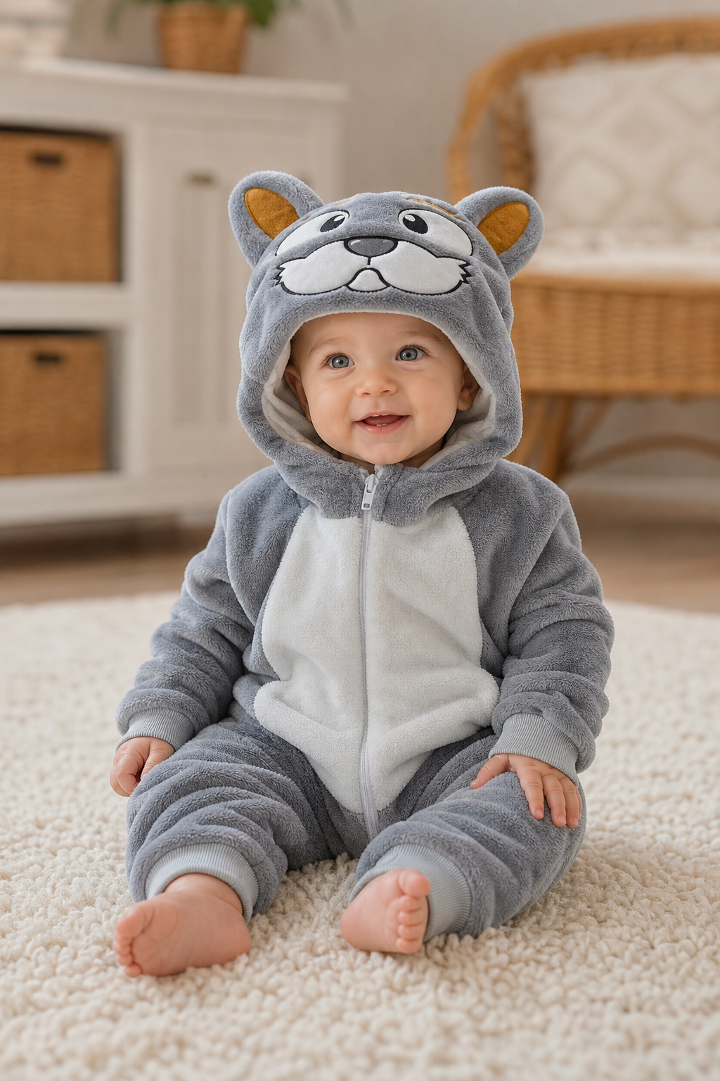 Cute Gray Plush Animal Hooded Baby Kigurumi Onesie