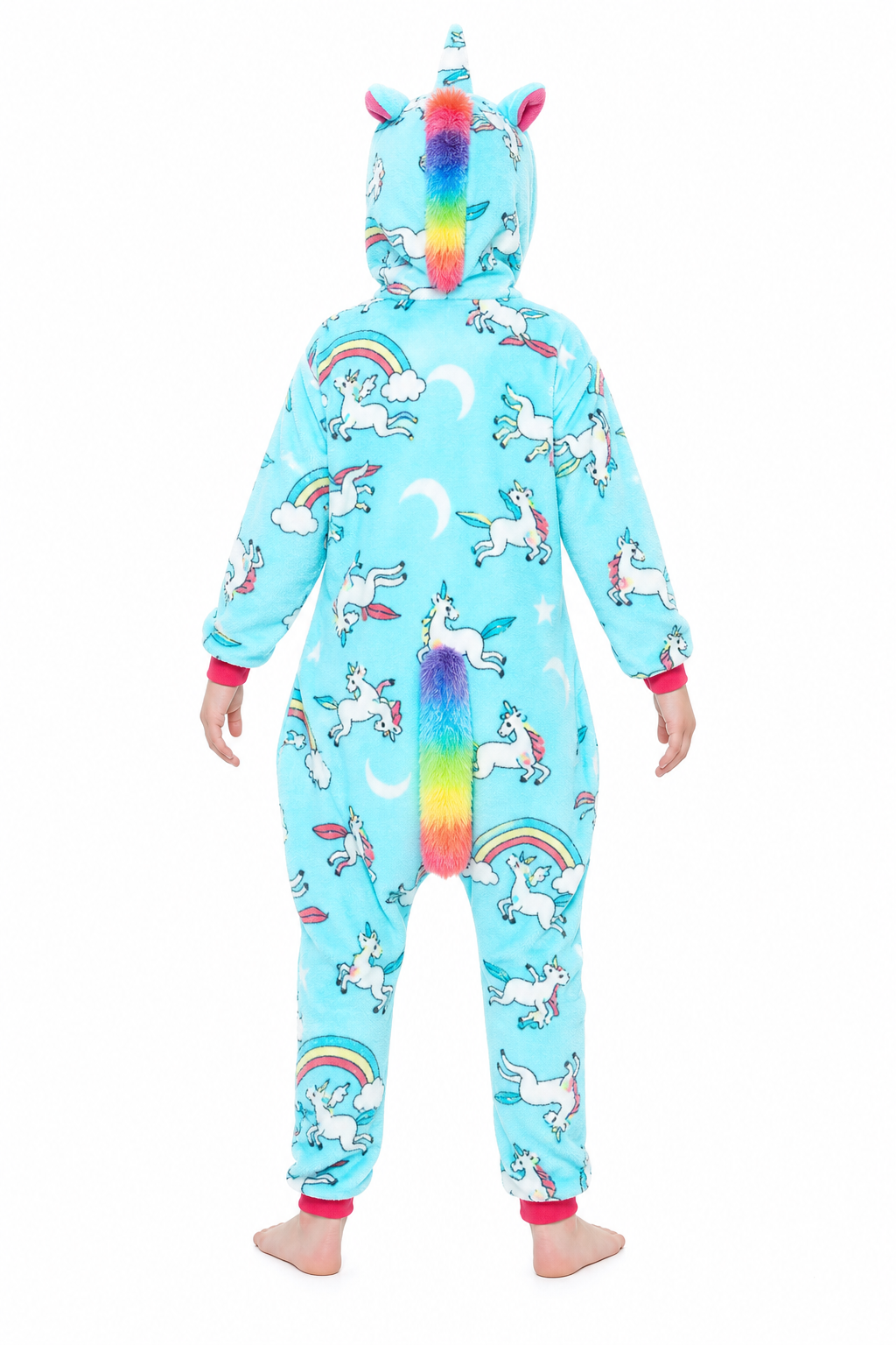 Kids' Hooded Teal Rainbow-Print Unicorn Kigurumi Onesie