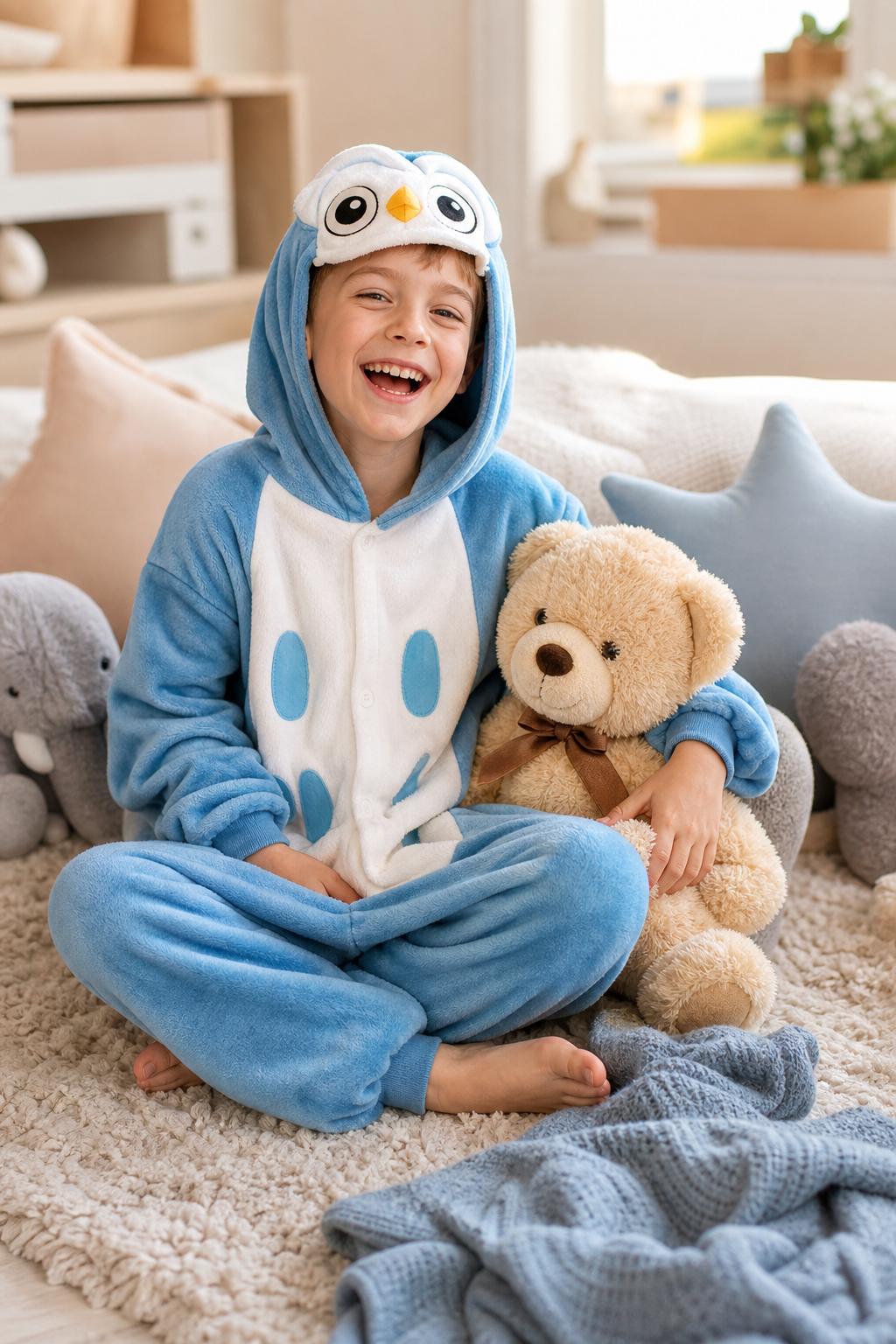 Kids' Hooded Blue Owl Kigurumi Pajama Onesie