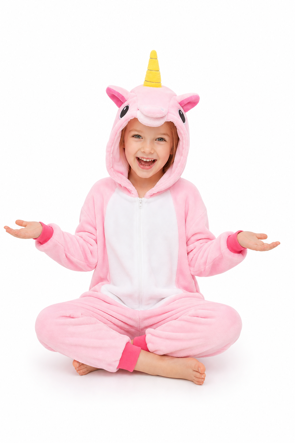 Kids' Hooded Solid Pink Unicorn Kigurumi Pajama Onesie