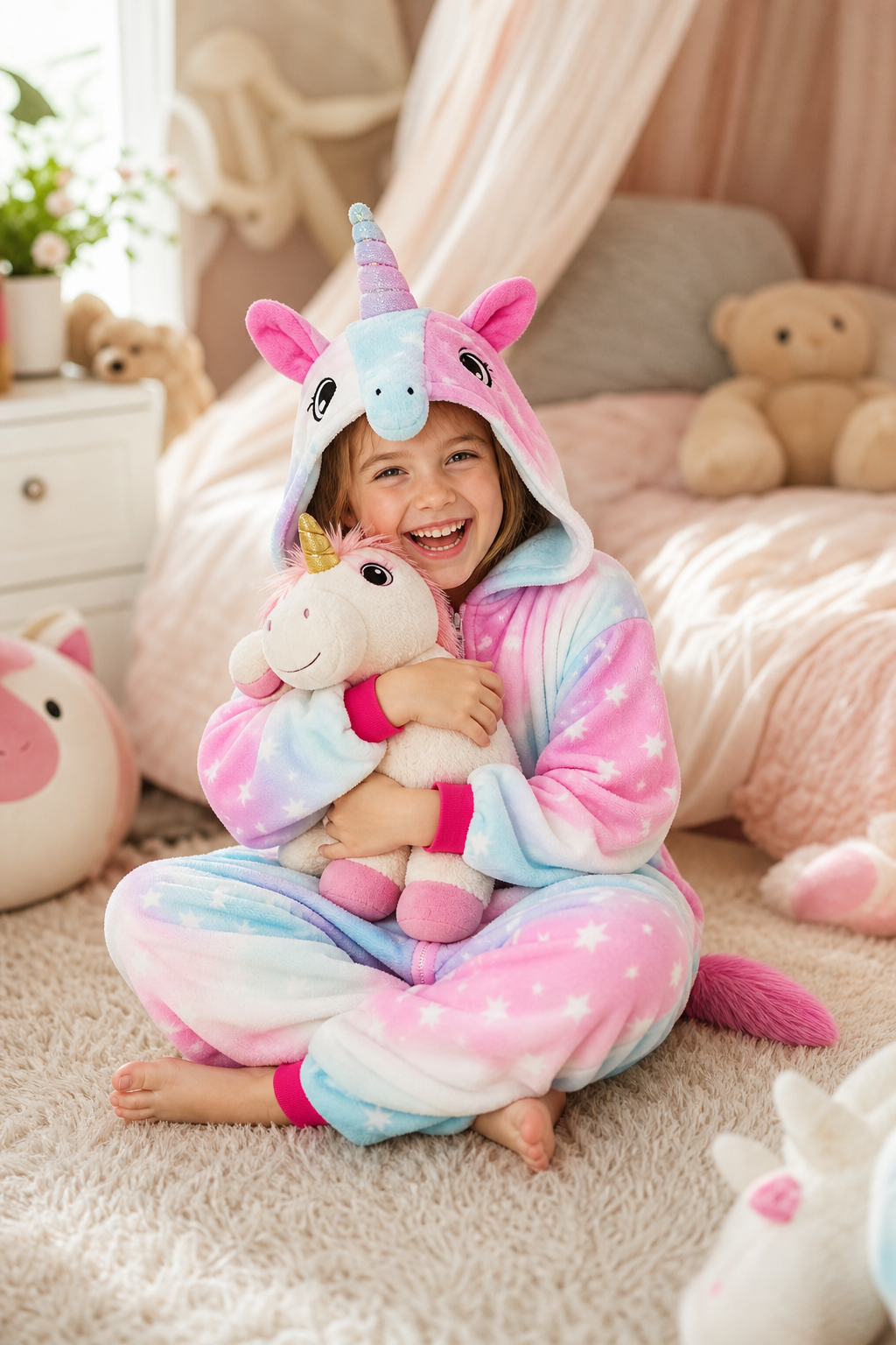 Kids' Hooded Pastel Rainbow Star Unicorn Kigurumi Onesie