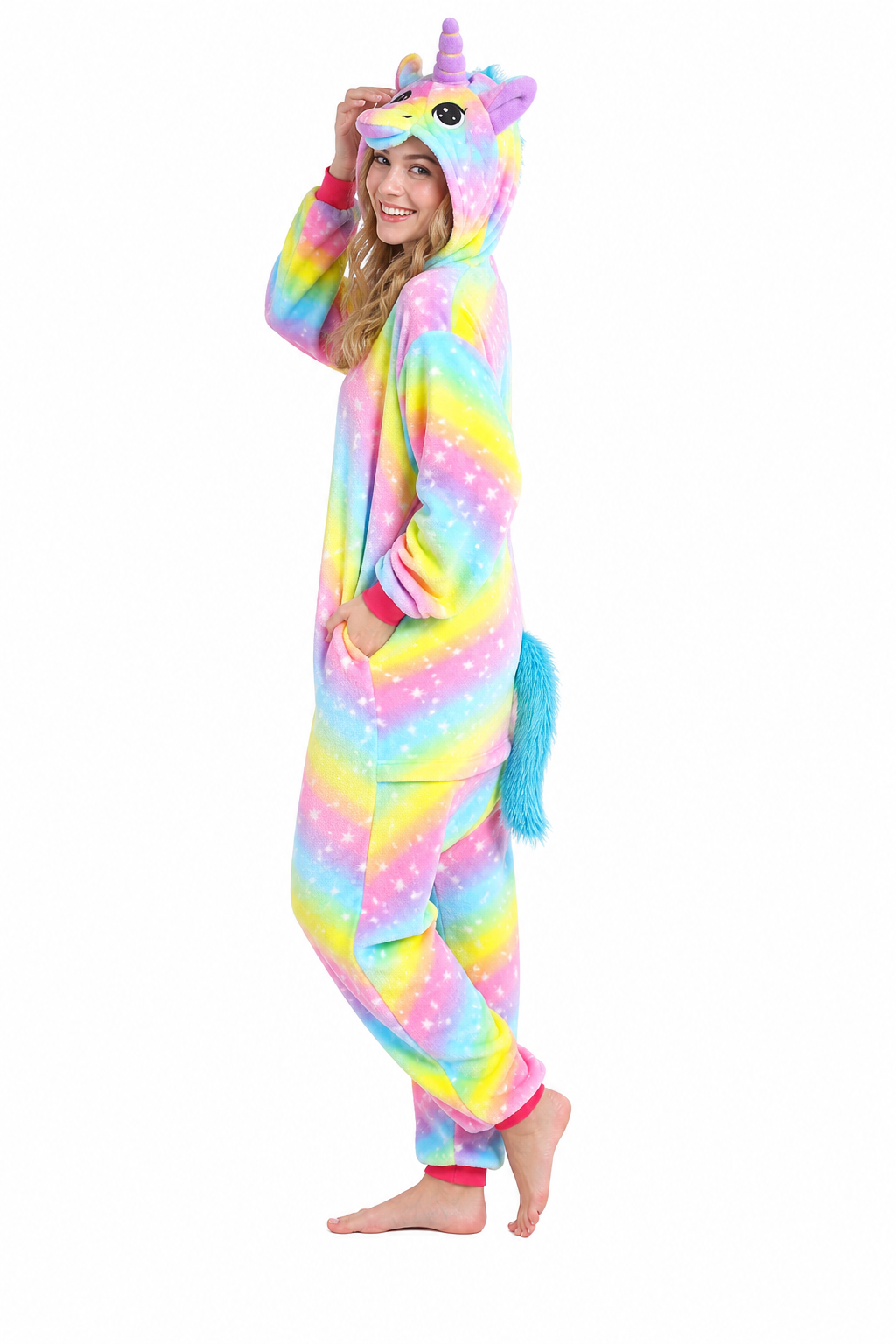 Adult Hooded Bright Rainbow Stripe Unicorn Kigurumi Onesie