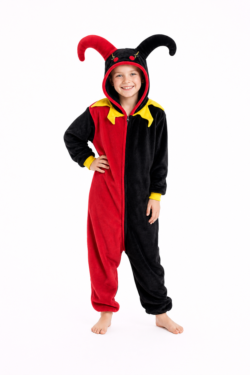Kids' Hooded Red and Black Jester Plush Kigurumi Onesie
