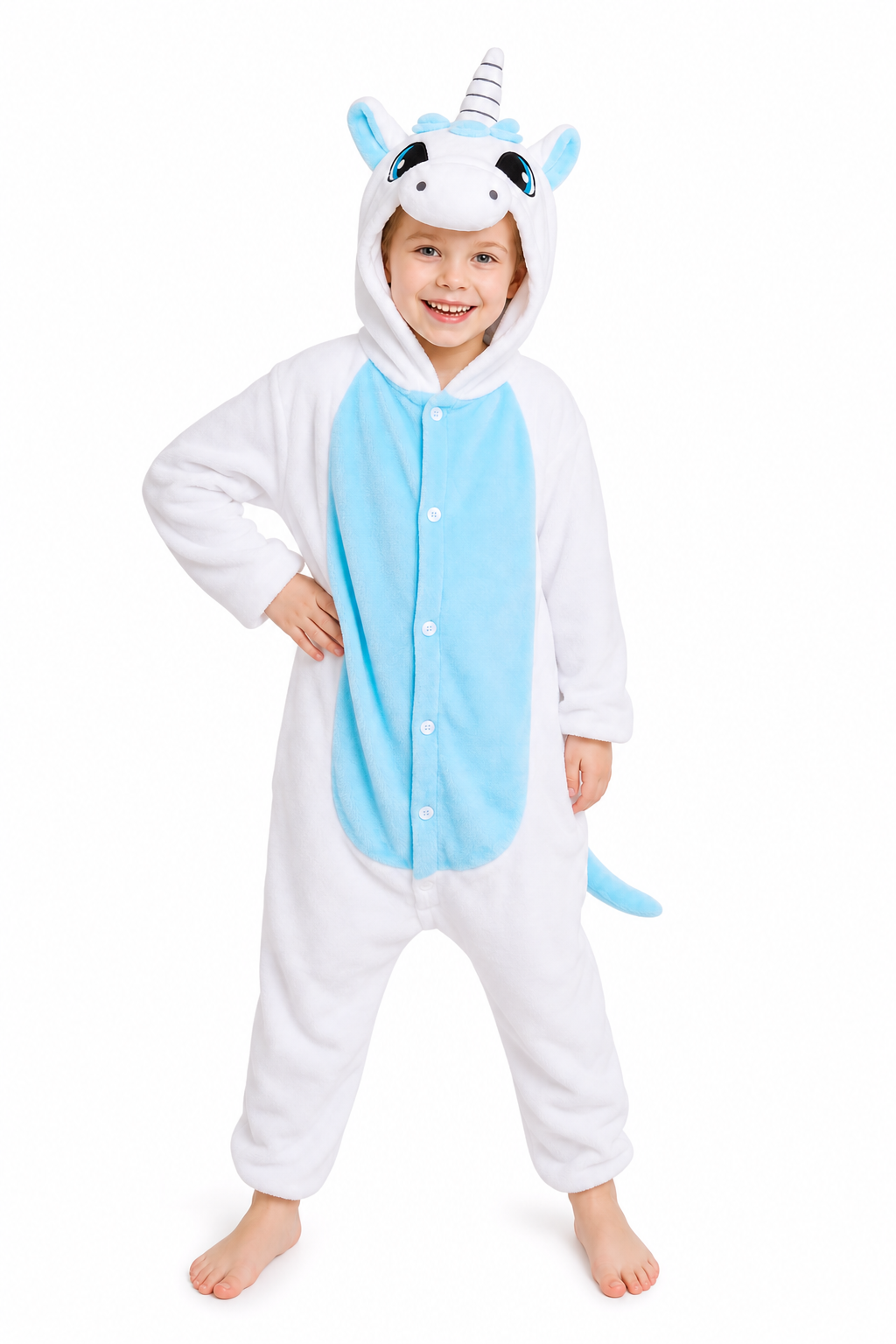 Kids' Hooded White and Sky Blue Unicorn Kigurumi Pajama Onesie