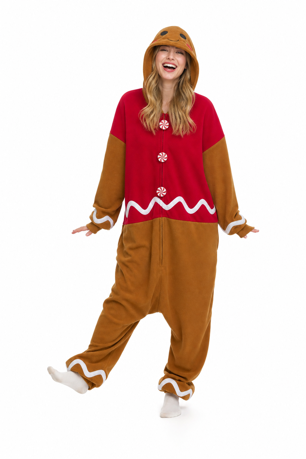 Adult Fleece Gingerbread Man Onesie with Candy Buttons