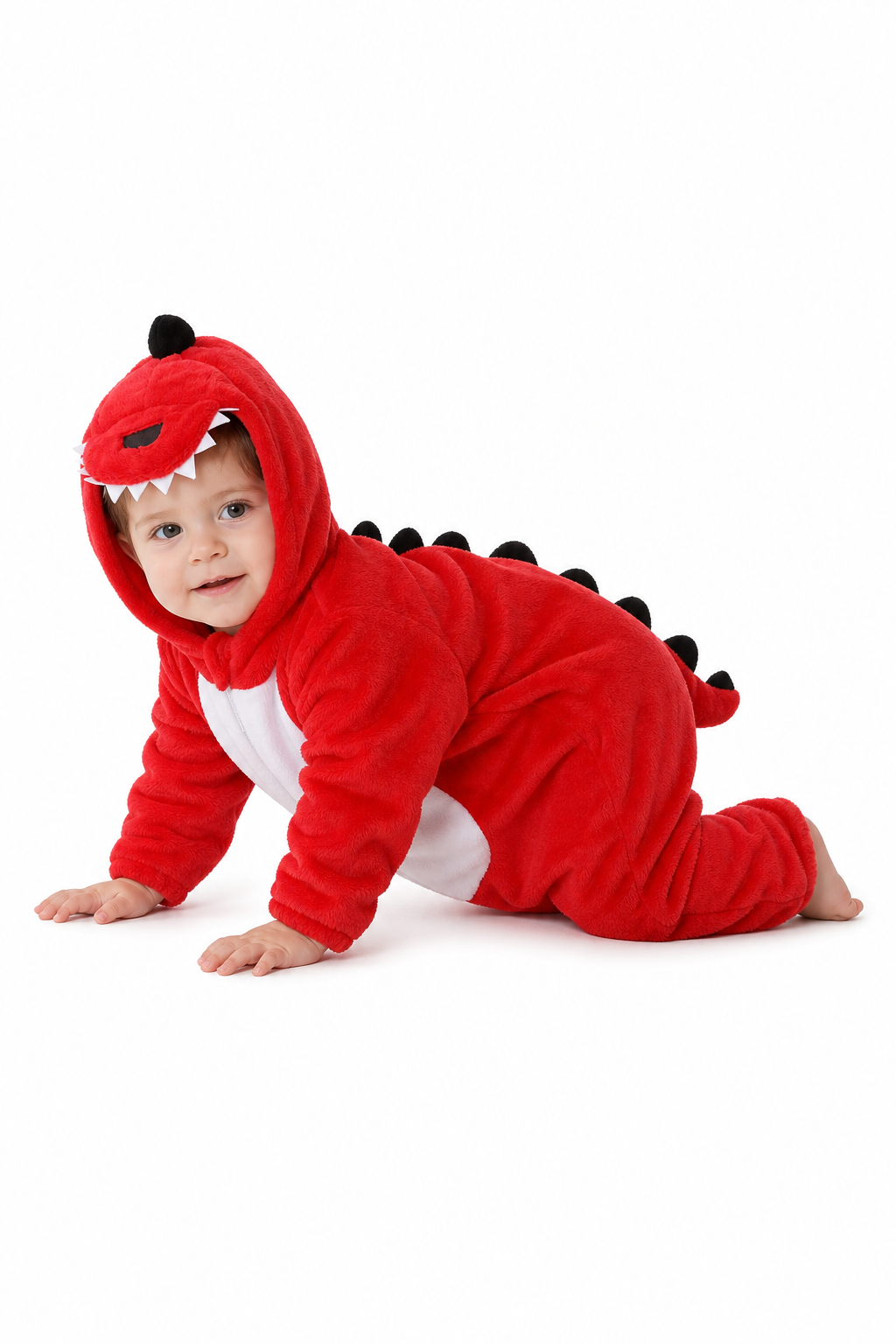 Soft Red Plush Dinosaur Baby Hooded Onesie