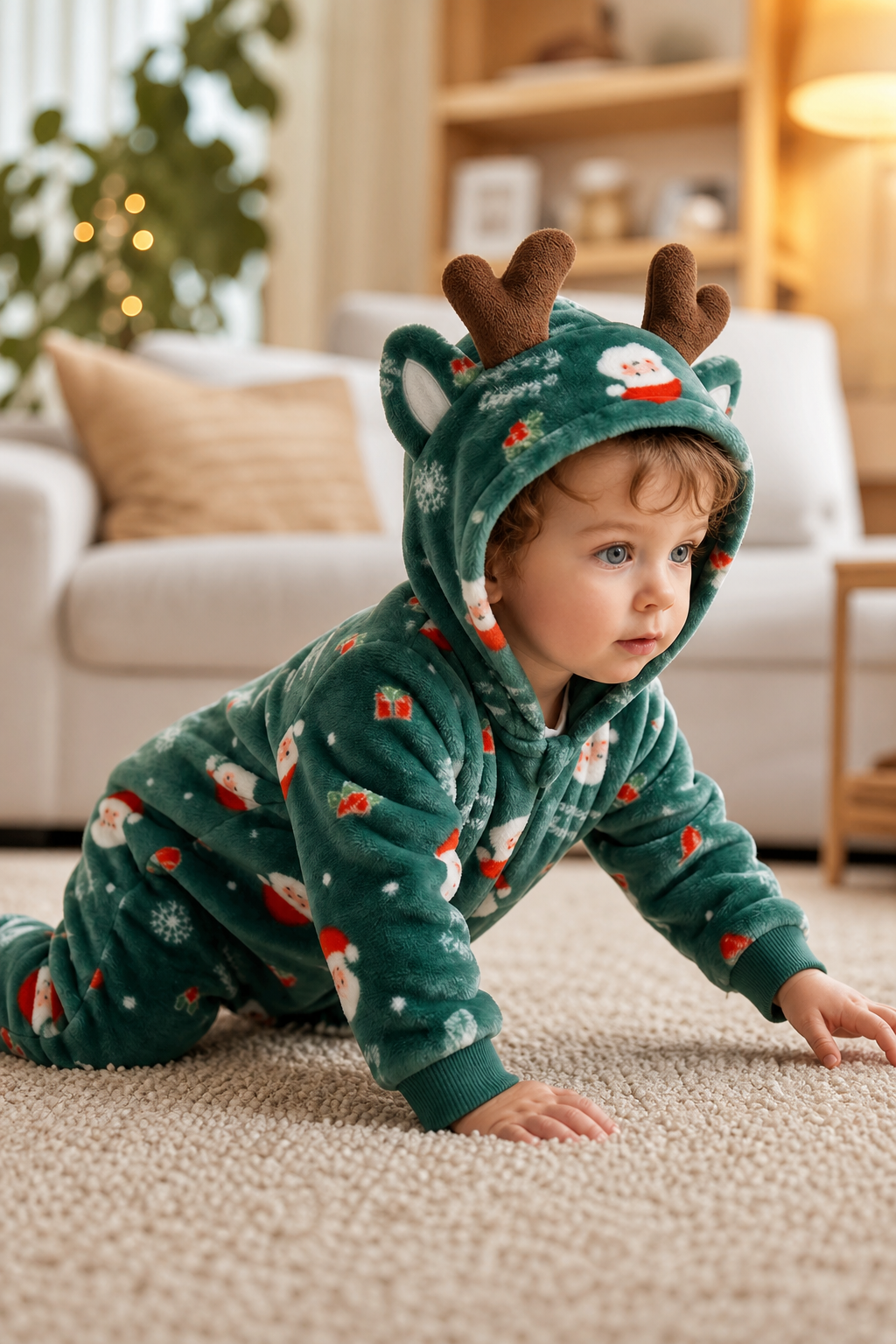Baby Plush Green Santa Reindeer Hooded Onesie