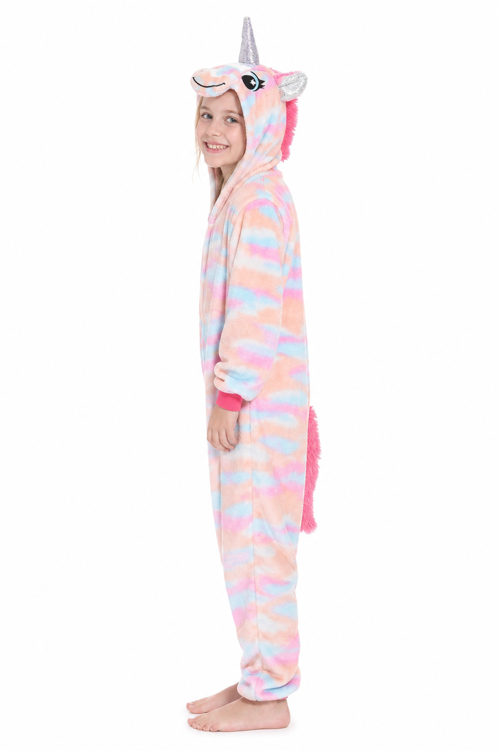 Kids' Hooded Pastel Pink and Blue Tie-Dye Unicorn Plush Kigurumi Onesie