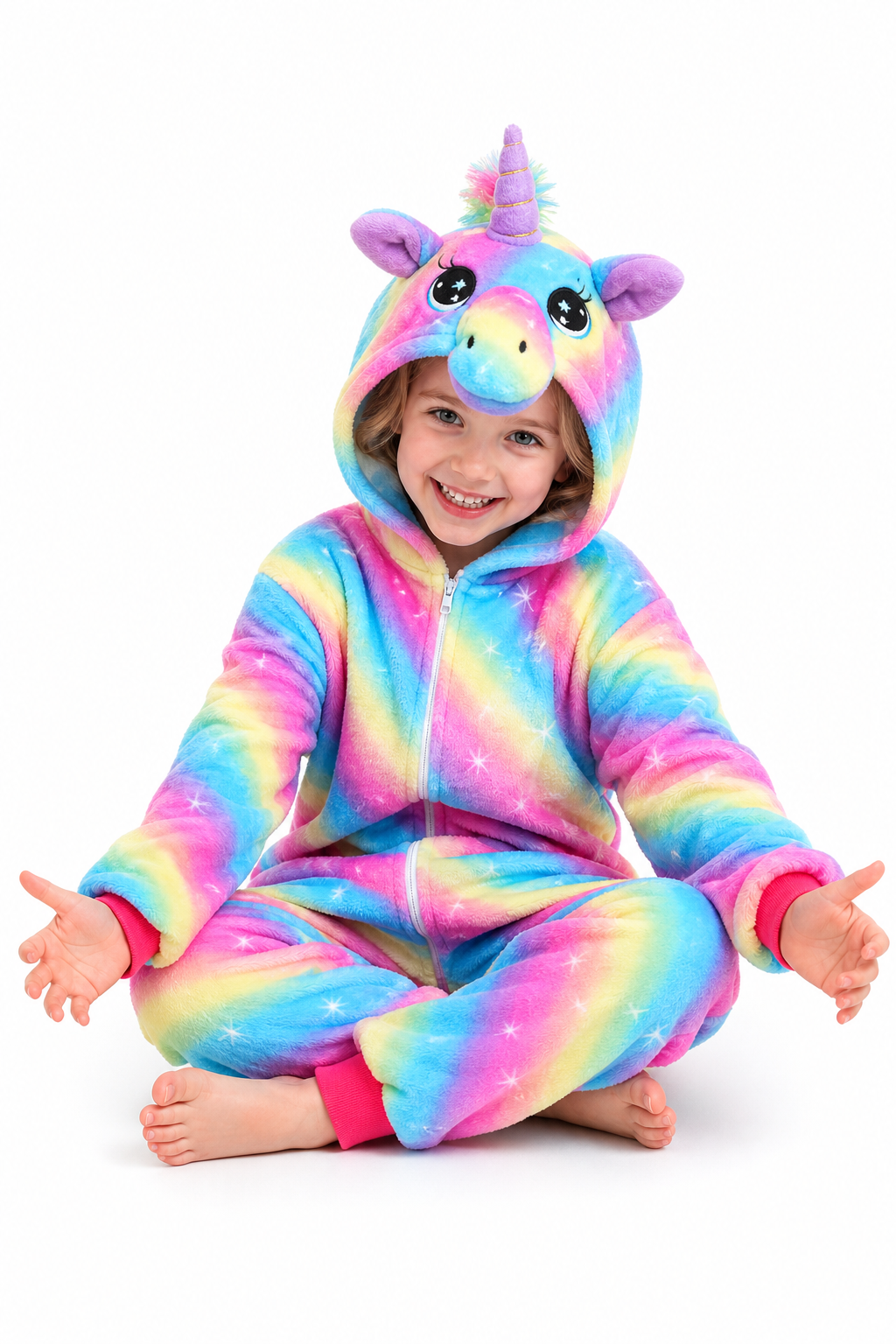 Kids' Hooded Bright Rainbow Stripe Unicorn Kigurumi Pajama Onesie